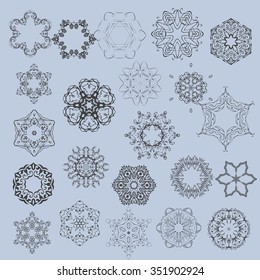 Collection of vector snowflakes. Thin line and ornamental snowflakes. Winter illustration set. Christmas decoration for Christmas card, Christmas sale banner, gift