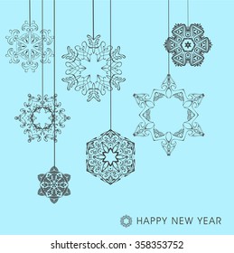 Collection of vector snowflakes. Thin line and ornamental snowflakes. Winter illustration set. Christmas decoration for Christmas card, Christmas sale banner, gift