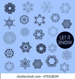 Collection of vector snowflakes. Thin line and ornamental snowflakes. Winter illustration set. Christmas decoration for Christmas card, Christmas sale banner, gift