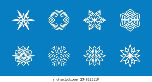 Collection of vector snowlakes. Snow icons set. White design elements on blue background. Star shapes included