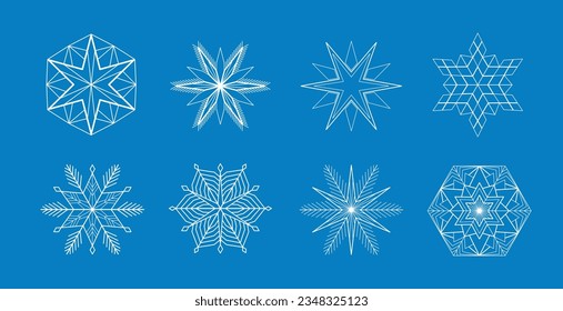 Collection of vector snowlakes. Snow icons set. White design elements on blue background. Star shapes included