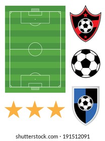 A collection of vector soccer elements including pitch, ball, championship stars and crests