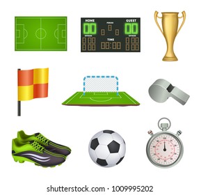 Collection of vector soccer icons isolated on white. Realistic 3d style. Boots, whistle, cup, ball vector illustration