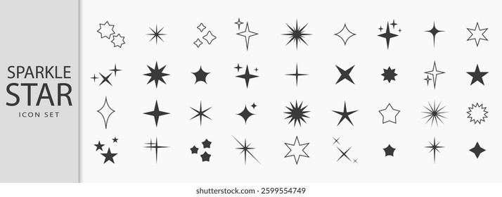 Collection of vector sparkling stars icon, decorative twinkle and bursts forms, abstract shining flash symbols, glowing light effect, y2k style basic black shapes geometric graphic elements
