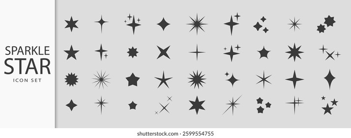 Collection of vector sparkling stars icon, decorative twinkle and bursts forms, abstract shining flash symbols, glowing light effect, y2k style basic black shapes geometric graphic elements