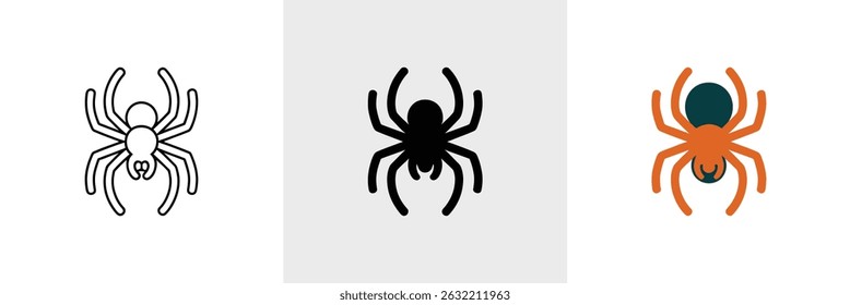 Collection of vector spider icons. Features three variations outline, solid black, and colorful. Halloween and arachnid concepts.