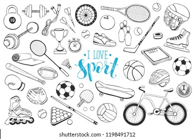 Collection of vector sport equipment. Doodle sport items illustration. Hand drawn sport balls, rackets, bicycle isolated on white background.