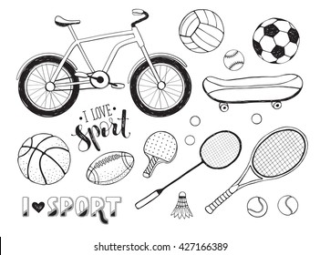 Collection of vector sport equipment. Doodle sport items illustration for coloring book. Hand drawn sport balls, rackets, bicycle isolated on white background. I love sport text.