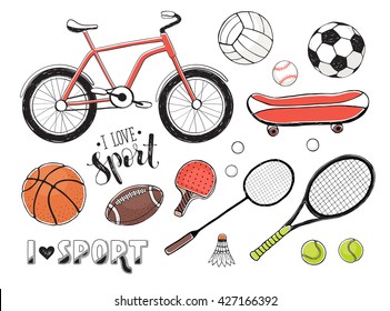 Collection of vector sport equipment. Illustration of handdrawn sport items. Hand drawn sport balls, rackets, bicycle isolated on white background. I love sport.