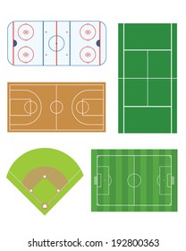 A collection of vector sports fields from major sports including hockey, tennis, basketball, baseball and soccer