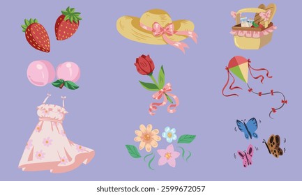 Collection of vector spring set. strawberries, straw hat, picnic, tulip, flowers, kite, peaches, butterfly and dress.