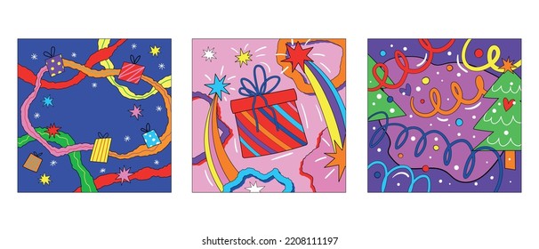 Collection of vector square Christmas funky vibrant holiday postcard. Crazy Christmas party interior poster with Christmas decorative elements. Funcy colorful retro card 1970 vibes