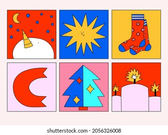 collection of vector square funky cards for christmas 80s.Pop art stickers in psychedelic groovy style.New year vibrant social media.Cartoon celebration vintage set.Funny quirky holiday postcards