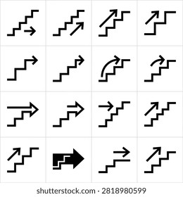 A collection of vector stair icons demonstrating various upward paths and directional arrows, suitable for navigation signage, user interface design, and wayfinding.