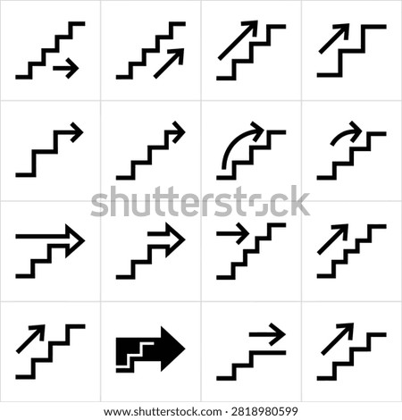 A collection of vector stair icons demonstrating various upward paths and directional arrows, suitable for navigation signage, user interface design, and wayfinding.