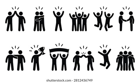 Collection of vector stick figure icons showing people celebrating success, winning a trophy, high-fiving, hugging, and working together as a team.