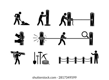 A collection of vector stick figure icons illustrating the construction process of a post and rope fence, including digging, measuring, and assembly.