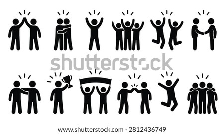 Collection of vector stick figure icons showing people celebrating success, winning a trophy, high-fiving, hugging, and working together as a team.