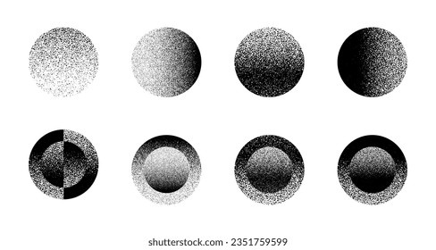 Colección de iconos vectoriales de pegatinas con formas redondeadas de efecto de semitono en blanco y negro, esferas tridimensionales.