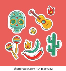 Collection of vector sticker illustration pack. Colorful mexican symbols of country, national culture. Traditional signs of mexican travelling.