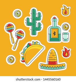 Collection of vector sticker illustration pack. Colorful mexican symbols of country, national culture. Traditional signs of mexican travelling.