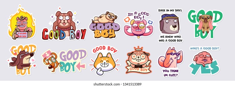 A collection of vector stickers or badges with different dogs who know that they are good boys