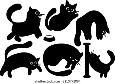 Collection of vector stickers of cute black silhouettes of cats