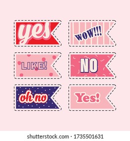 Collection of vector stickers in the form of colored flags with phrases: yes, no, like, wow. Set of pink labels with text for decorating notepad.