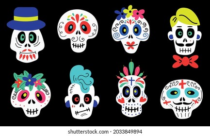 Collection of vector stickers of funny colorful cartoon skulls of different types on black background for Halloween celebration concept designs