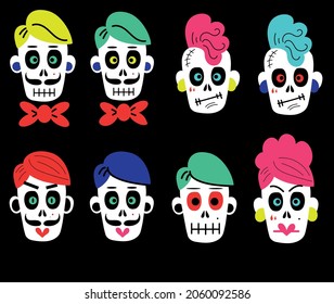 Collection of vector stickers of funny colorful cartoon skulls of different types on black background for Halloween celebration concept designs