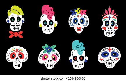 Collection of vector stickers of funny colorful cartoon skulls of different types on black background for Halloween celebration concept designs