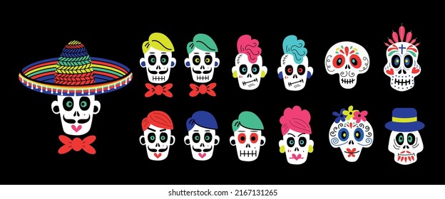 Collection of vector stickers of funny colorful cartoon skulls of different types on black background for Halloween celebration concept designs