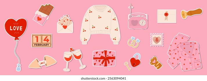 Collection of vector stickers for Valentine's Day including cozy sweater, rings, gifts and holiday decorations. Cute elements for scrapbooking. Hand drawn style.
Pink background.