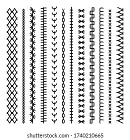 Collection of vector stitch patterns. Set of sewing machines for embroidery. Stitching seams, stitched sew seamless pattern brush and embroidery sews stitch set. Vector illustration, eps 10.