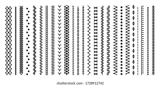 Collection of vector stitch patterns. Stitching seams, stitched sew seamless pattern brush and embroidery sews stitch set. Set of sewing machines for embroidery. Vector illustration, eps 10.