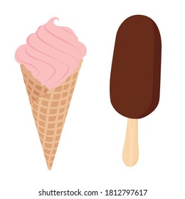 Collection of vector strawberry and chocolate ice cream illustrations isolated on white