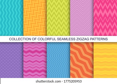 Collection of vector striped seamless patterns. Textile zigzag texture. Bright colorful backgrounds.