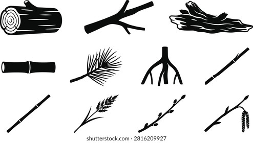 A collection of vector style icons featuring various wood logs branches twigs and plant elements on a white background
