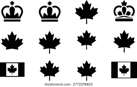 A collection of vector style symbols including maple leaves crowns and Canadian flags perfect for patriotic graphic design projects