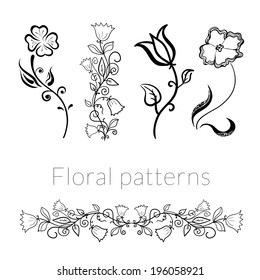 Collection vector stylish black white flowers, drawn in ink