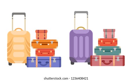 Collection of vector suitcases and bags. Travel luggage. Flat style set