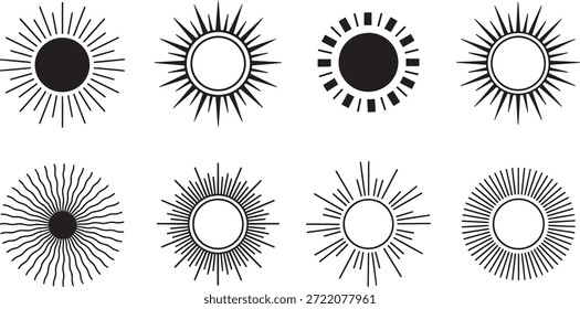 Coleção de projetos de vetor sunburst, apresentando ícones silhueta do sol em vários estilos e padrões