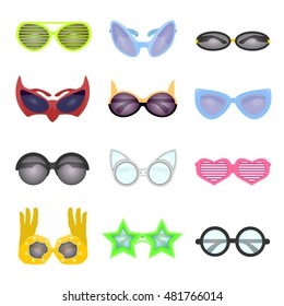 Collection vector sunglasses. Modern and retro style, shutter glasses for a masquerade party and photo shoots. Cartoon illustration isolated on white background