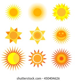 Collection of vector suns. Sunlight isolated design symbol hot nature drawing object. Sunshine weather heat sign summer yellow sunrise. Flat silhouette bright, summer style sun collection.