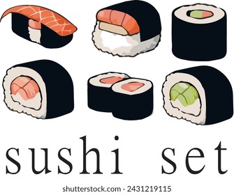 Collection of vector sushi. Cute sushi and rolls. Set of food on a white background. Sushi Set