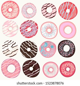 Collection of vector sweet pink, brown, beige donuts for design