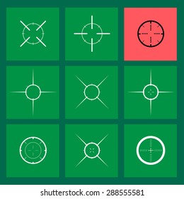 Collection of vector targets. Different crosshair icons. Aims templates. Shooting marks design.