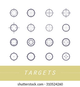 Collection of vector targets. Different crosshair icons. Aims templates. Shooting marks design.