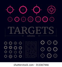 Collection of vector targets. Different crosshair icons. Aims templates. Shooting marks design.