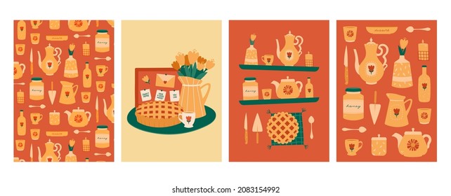 Collection of vector tea drinking posters, greeting cards, pattern. Hand drawn elements of teapots, tea cups, honey, vase with bouquet, spoons, bottle, cake.Sweet and cozy home concept.